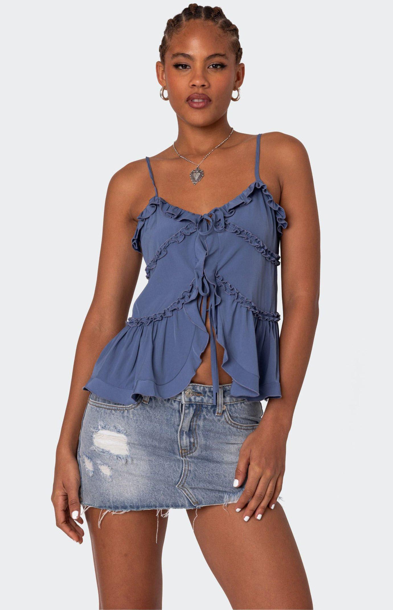 Edikted Women's Juniper Tie Front Ruffled Tank Top Product Image