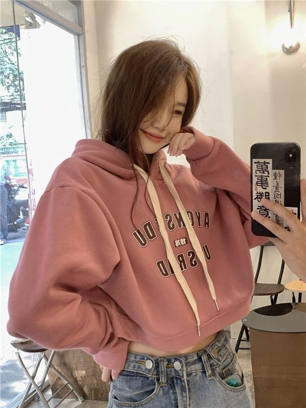 Lettering Drawstring Fleece-Lined Crop Hoodie Product Image