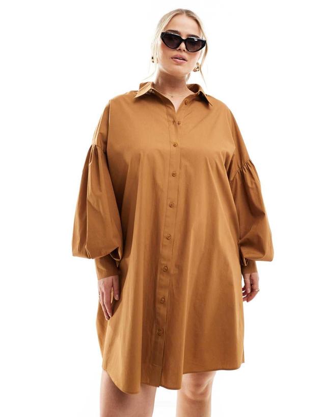 ASOS DESIGN Curve ultimate boyfriend mini shirt dress with volume sleeve in tan Product Image