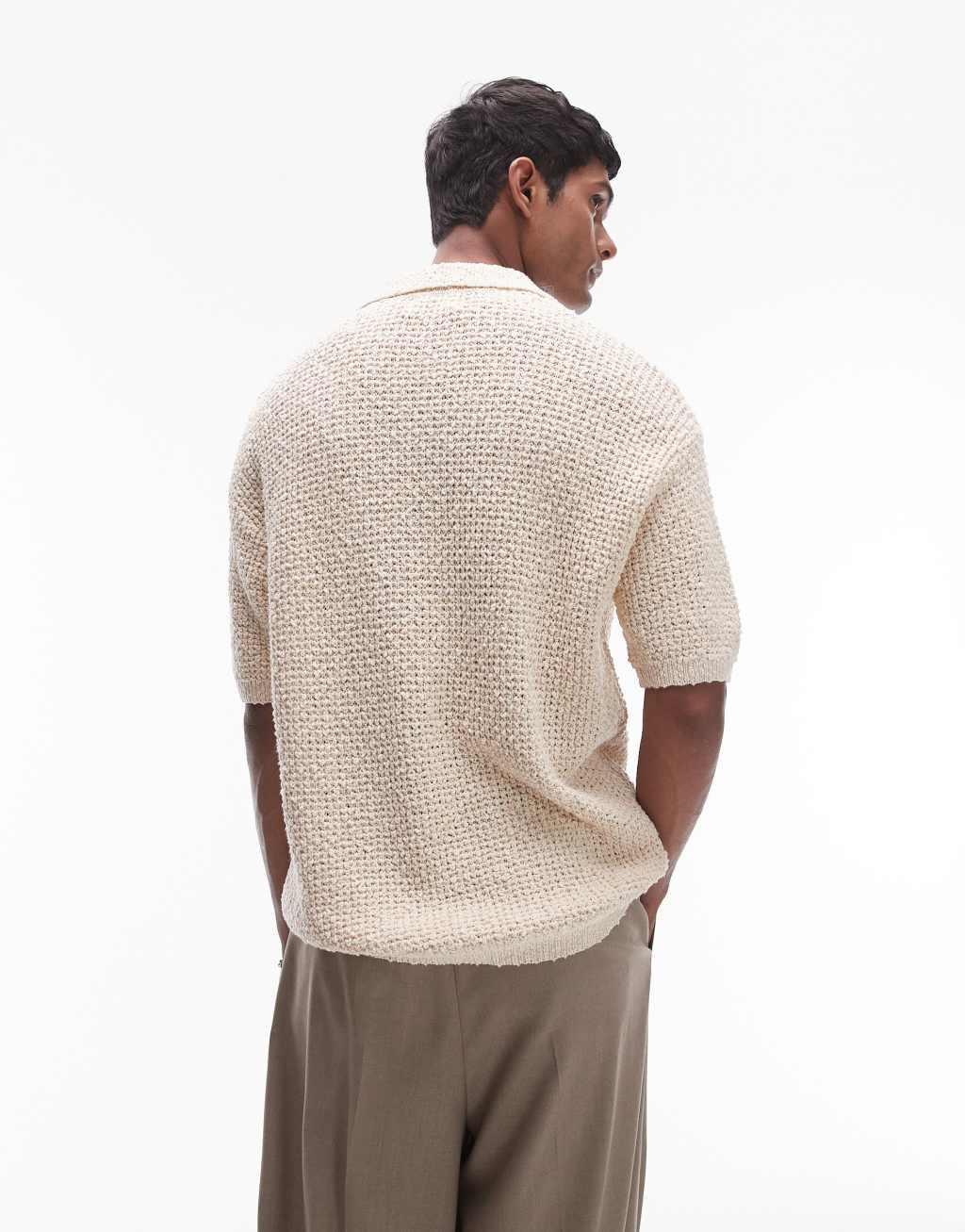 Topman knitted cotton revere polo in stone Product Image