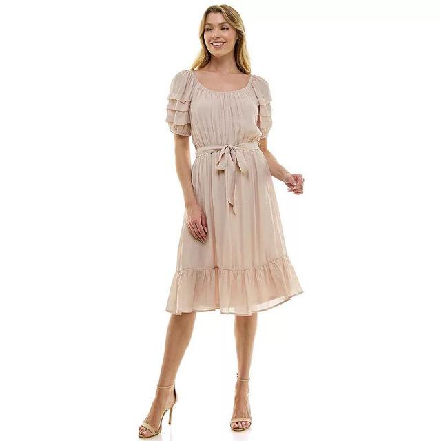 Womens Luxology Pleated Sleeve Belted Midi Dress Product Image