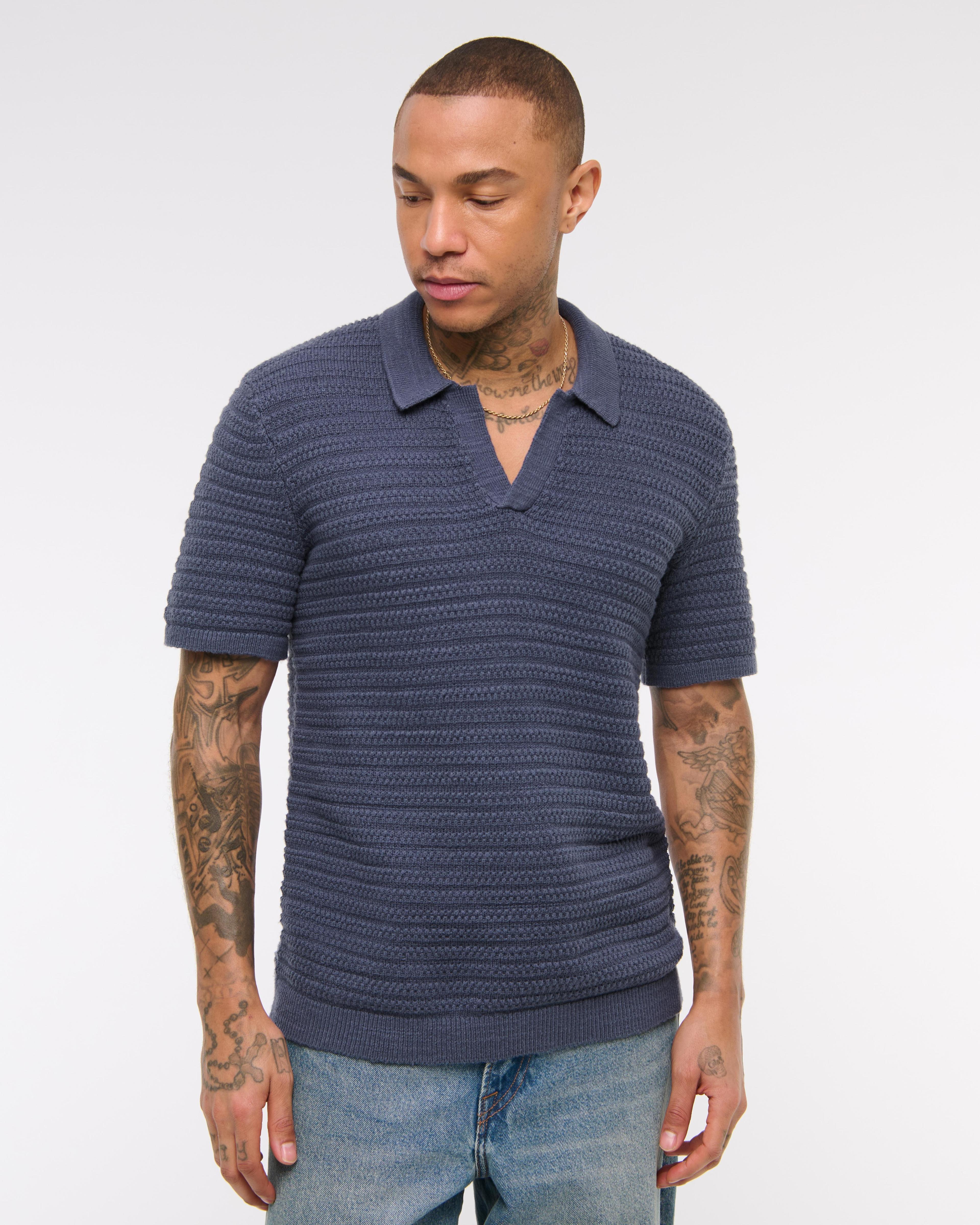 Textural Striped Johnny Collar Sweater Polo Product Image