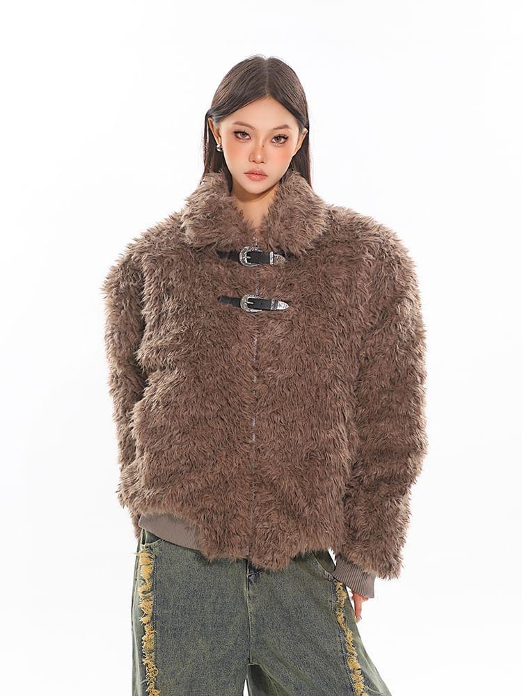 Collared Plain Fluffy Buckled Zip Jacket Product Image