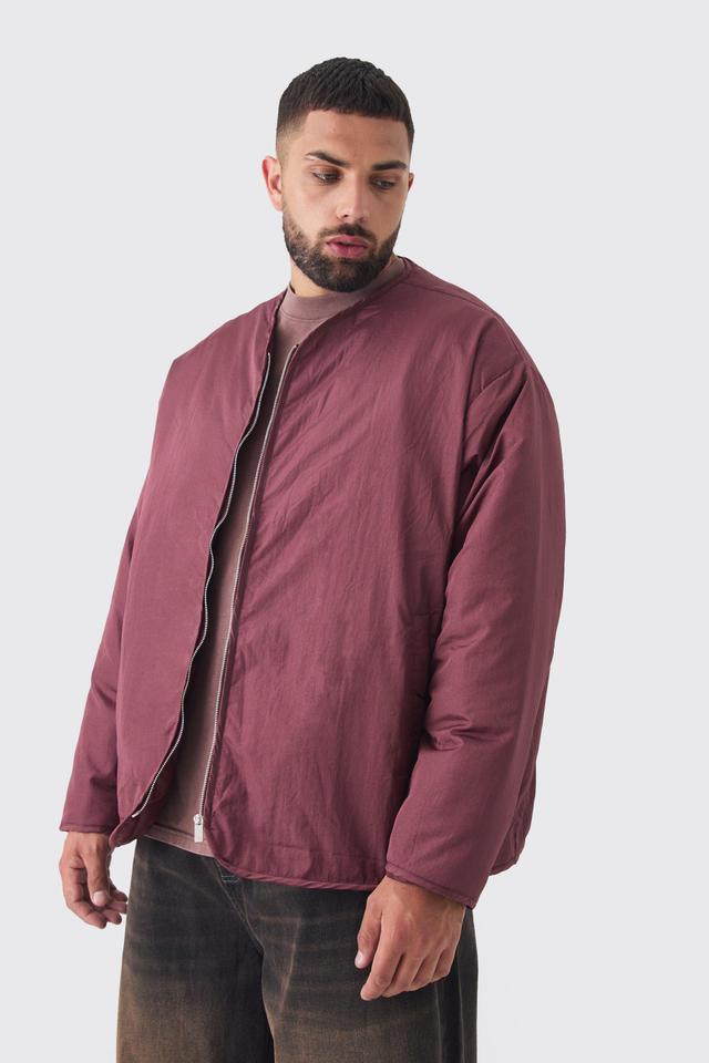 Mens Red Plus Oversized Collarless Padded Bomber Jacket In Wine, Red Product Image