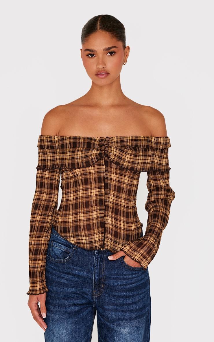 Brown Plisse Chiffon Check Bardot Blouse Product Image