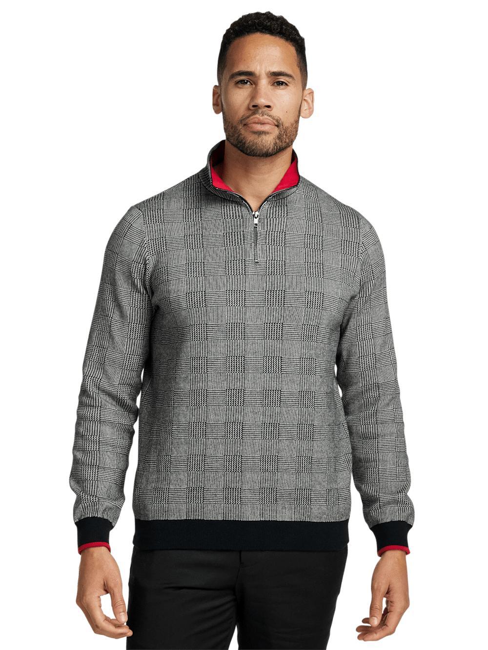 Cotton Quarter Zip Mock Neck Sweater - Black/white Glen Plaid Product Image