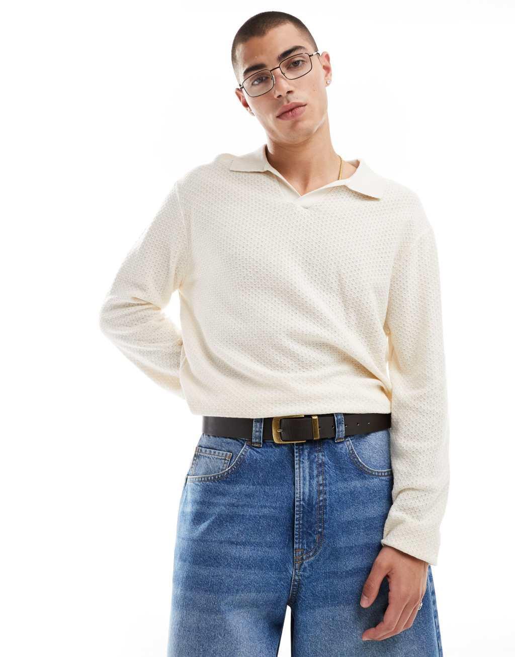 Cotton On knit long sleeve polo top in cream Product Image