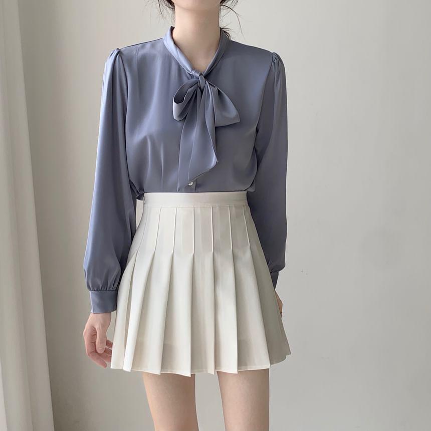 Long-Sleeve Ribbon Neck Plain Blouse Product Image