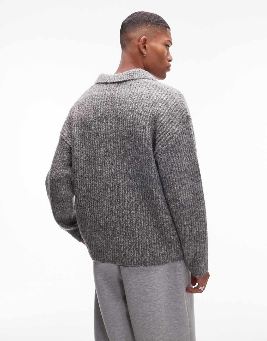 Topman relaxed open collar sweater in heather gray Product Image