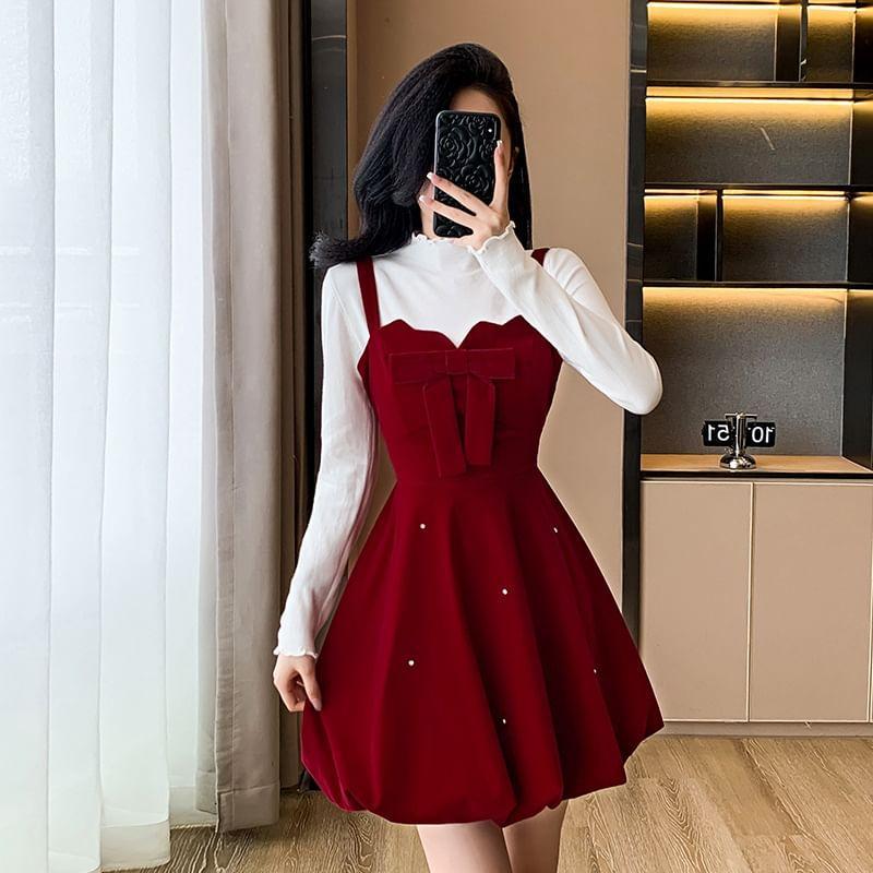 Bow Velvet Mini A-Line Dungaree Dress / Long-Sleeve Mock Neck Plain Lettuce Edge Knit Top Product Image