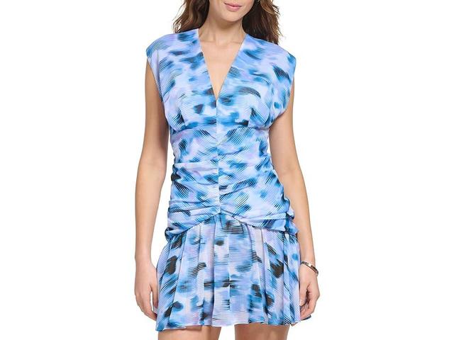 DKNY Sleeveless Printed Chiffon Ruched Front Dress (Frosting /White Multi) Women's Clothing Product Image