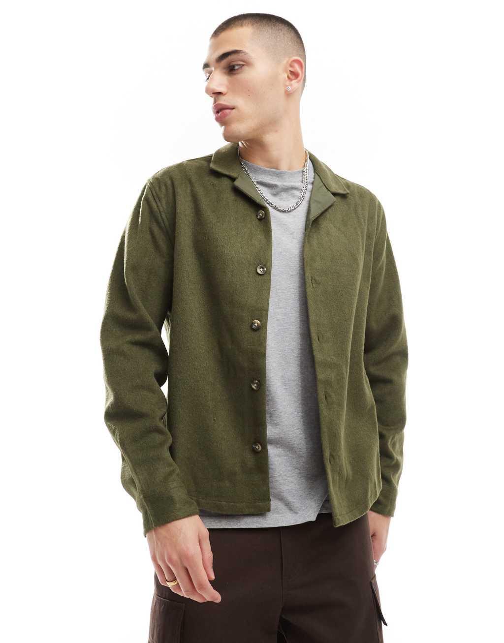 ASOS DESIGN boxy overshirt with camp collar in brushed texture with badge detail Product Image