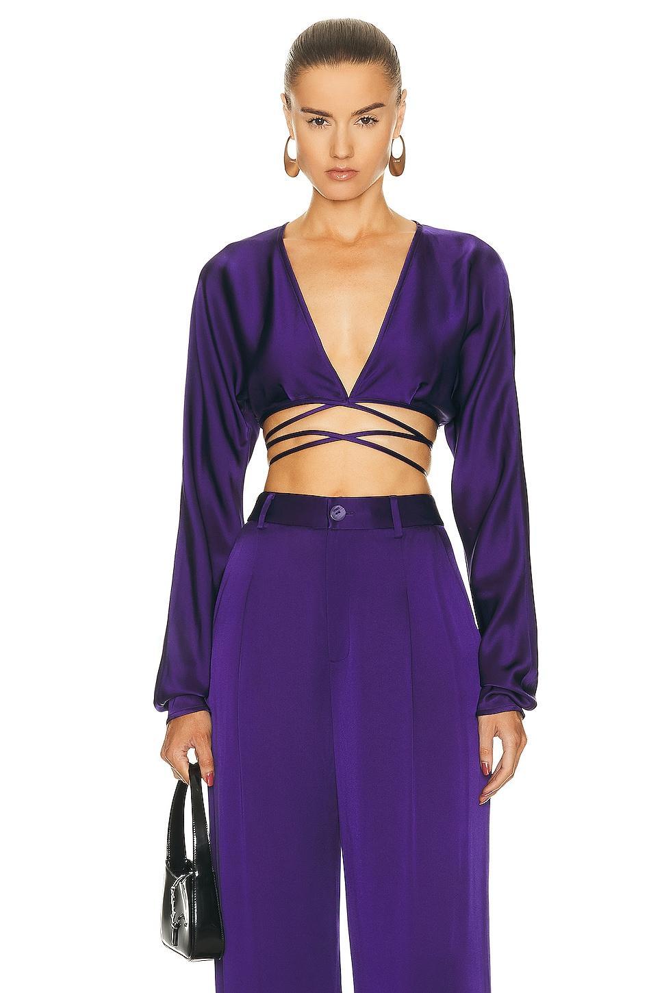 Lapointe Doubleface Satin Long Sleeve Tie Waist Top in Purple Product Image