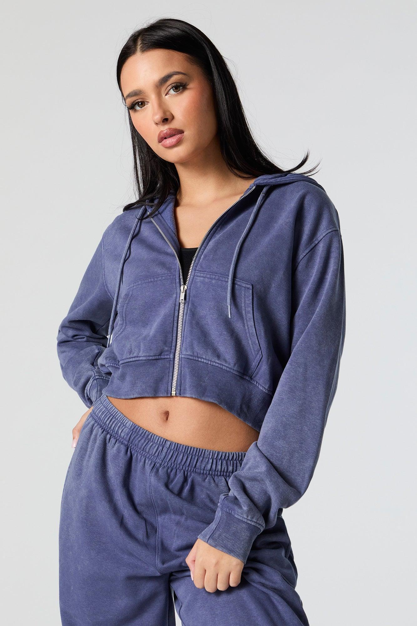 Fleece Washed Zip-Up Cropped Hoodie Female Product Image