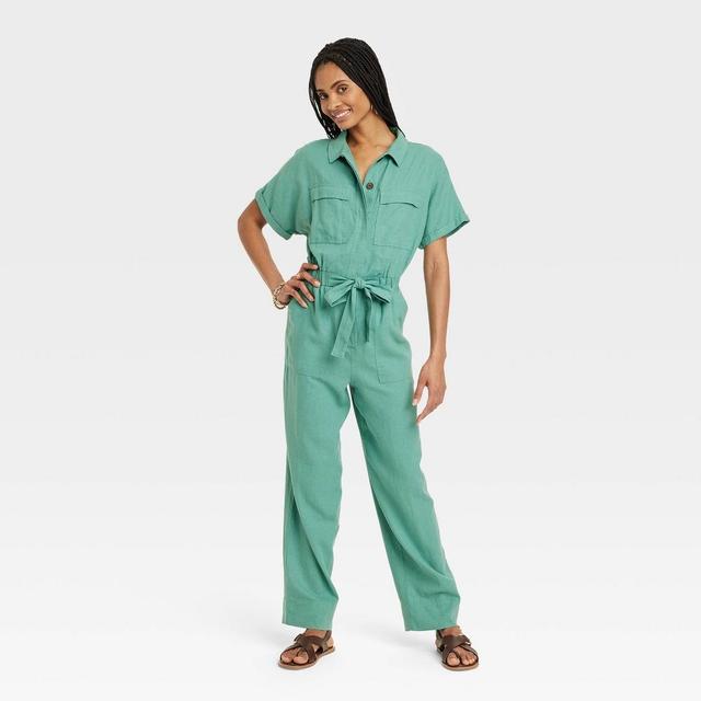 Womens Short Sleeve Linen Boilersuit - Universal Thread Green 2 Product Image