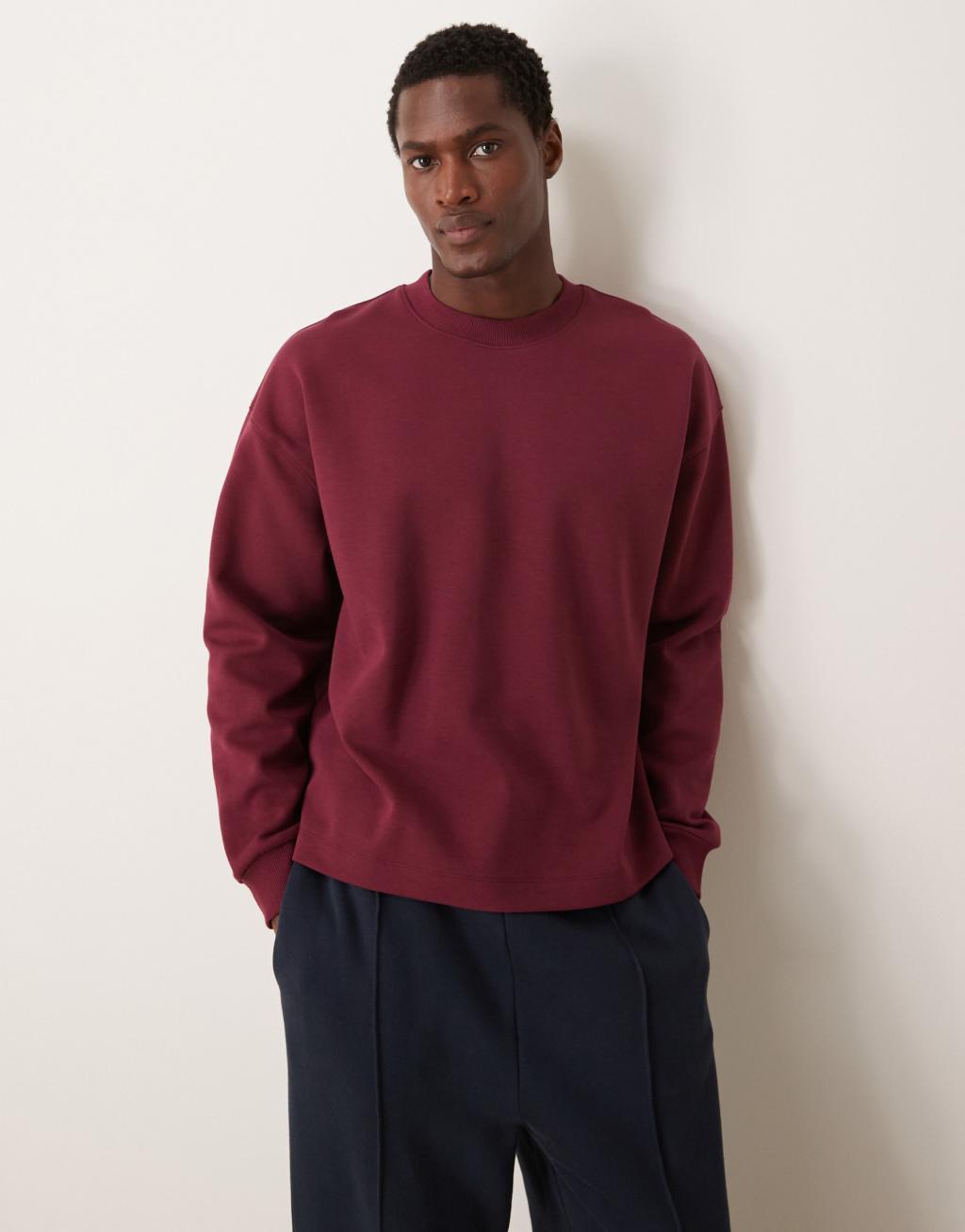 ASOS DESIGN Premium interlock oversized boxy long sleeve t-shirt 300gsm in burgundy Product Image