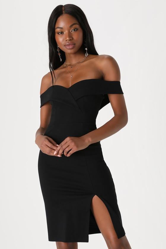 Classic Glam Black Off-the-Shoulder Bodycon Dress Product Image