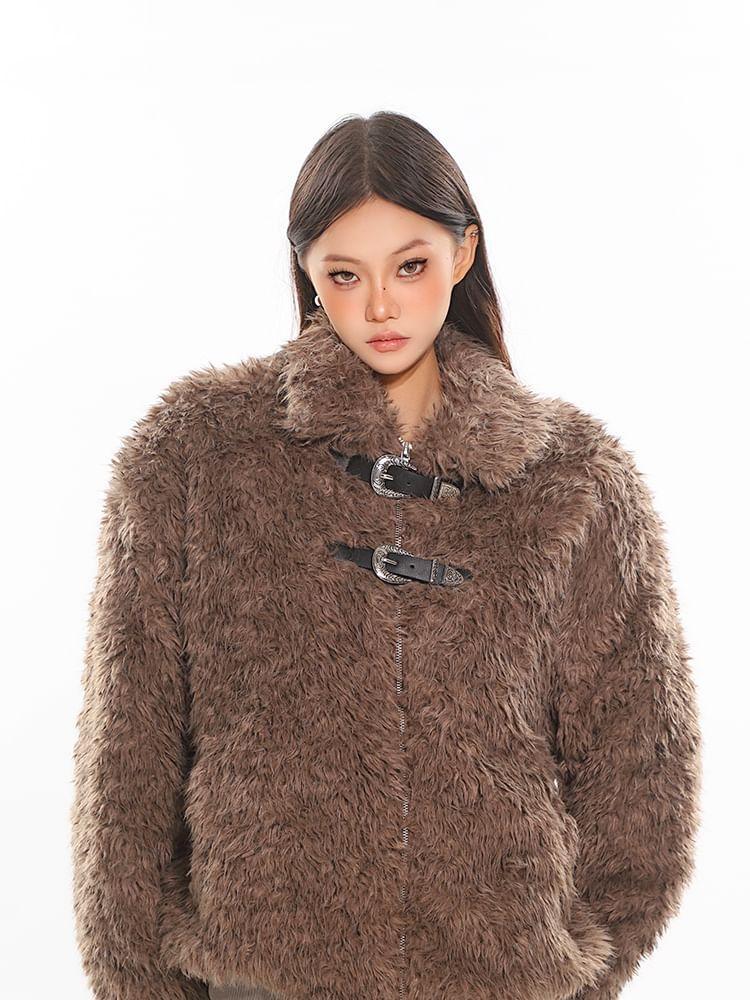 Collared Plain Fluffy Buckled Zip Jacket Product Image