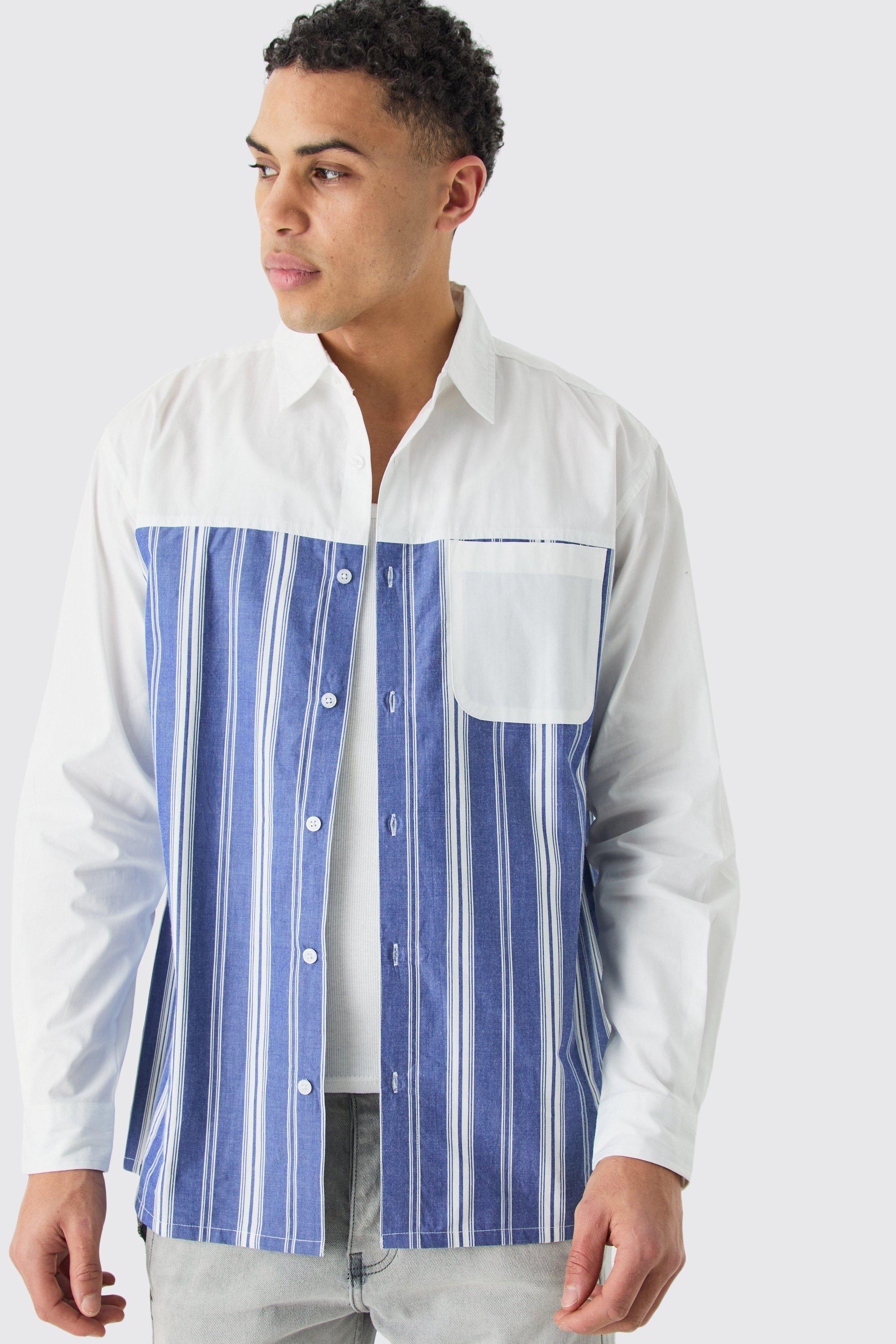 Oversized Long Sleeve Poplin Panel Stripe Shirt | boohooMAN USA Product Image