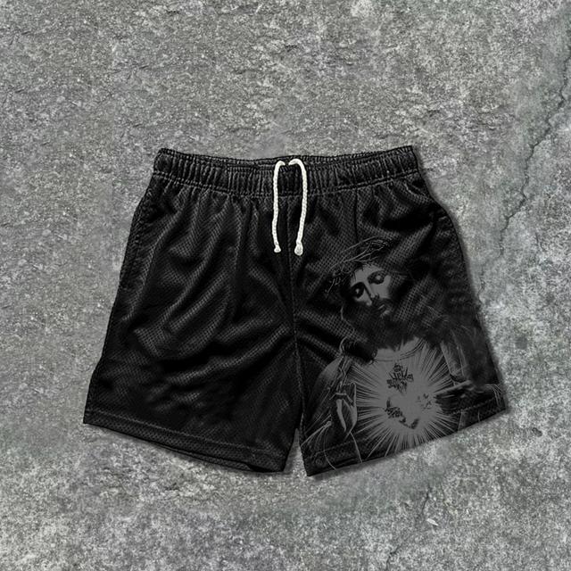 Vintage Jesus Print Mesh Drawstring Shorts Product Image