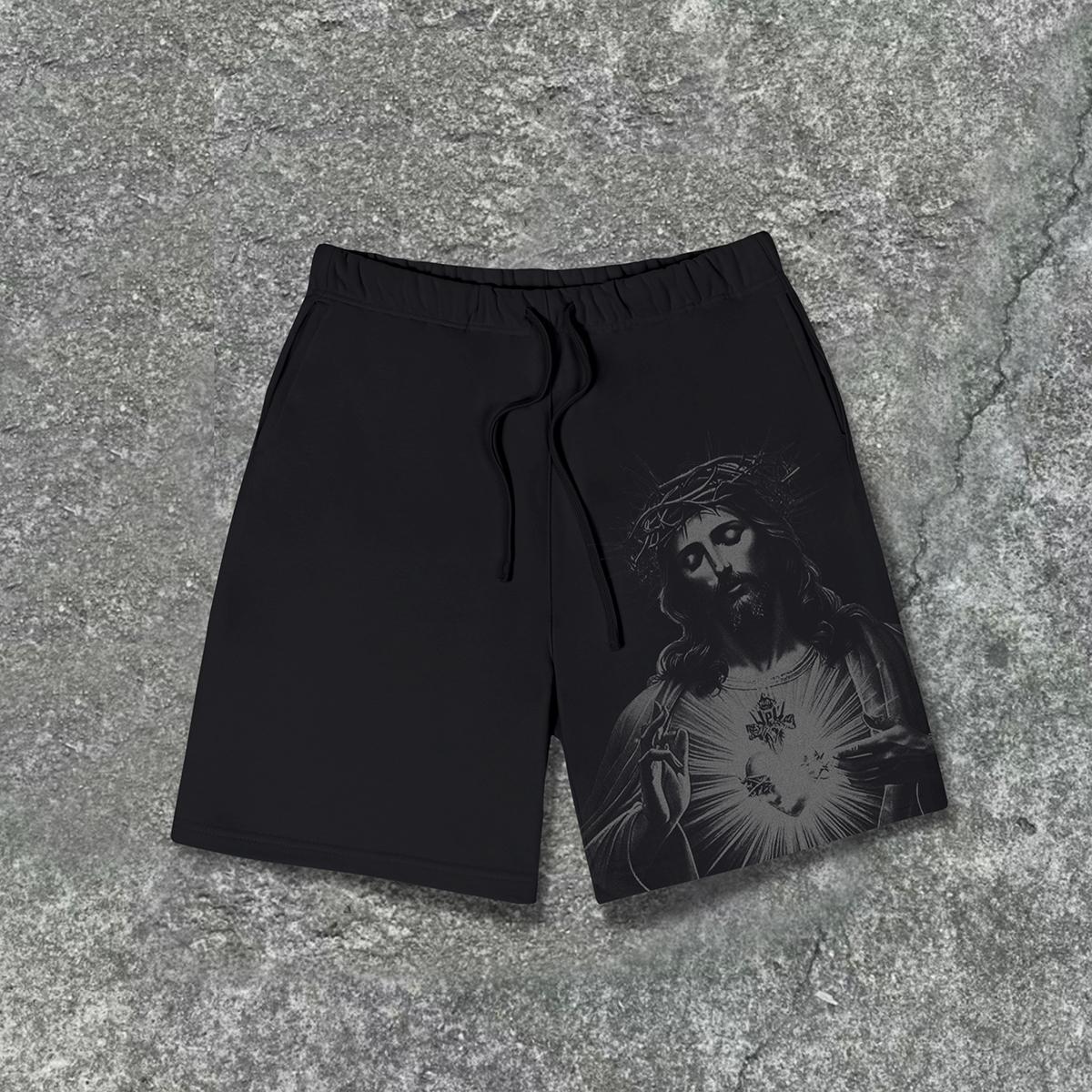 Casual Drawstring Vintage Jesus Print Shorts Product Image