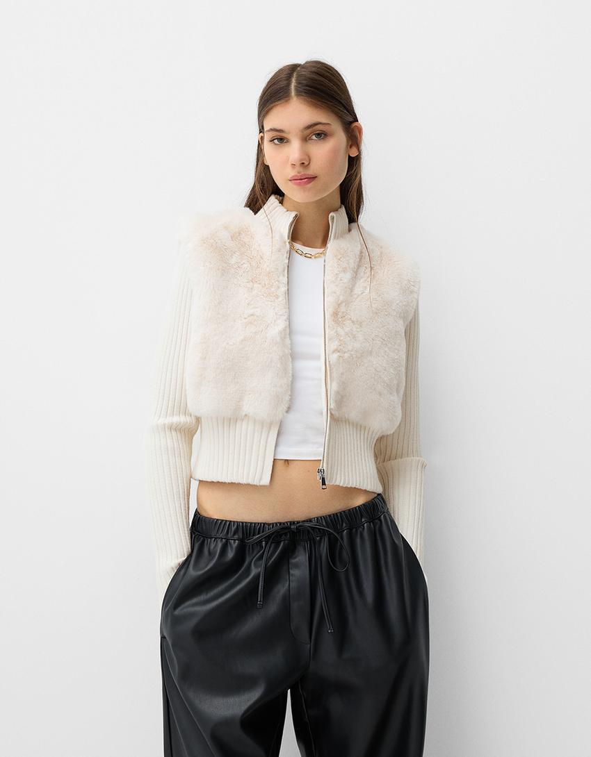 Faux fur bomber jacket with ribbed sleeves product image