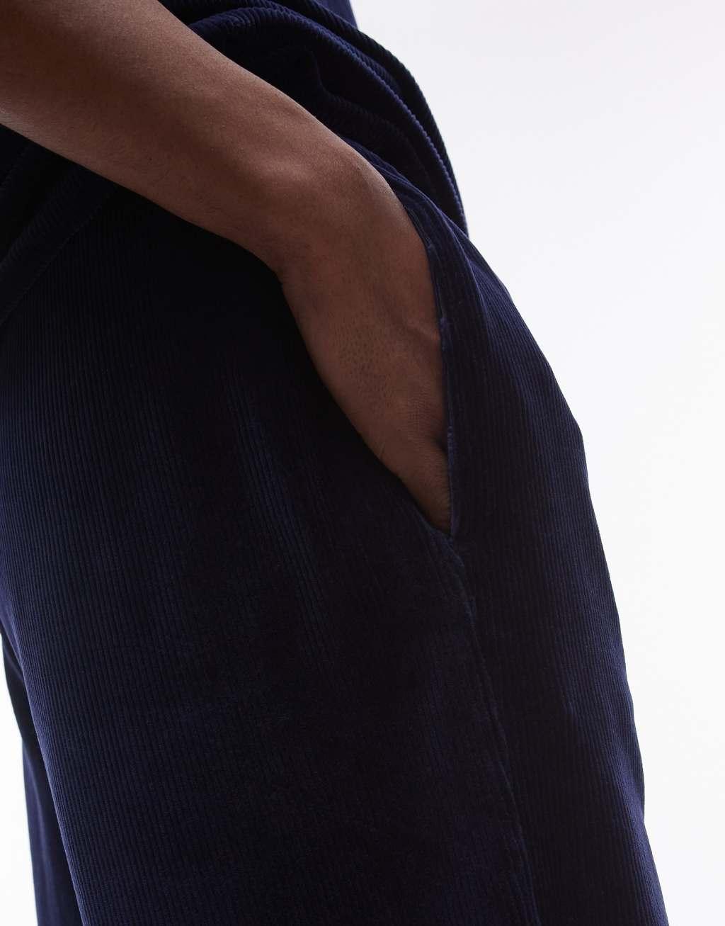 Topman oversized fit velvet cord shorts in navy Product Image