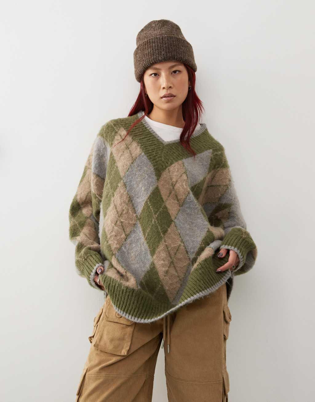 COLLUSION oversized v-neck argyle sweater in green Product Image