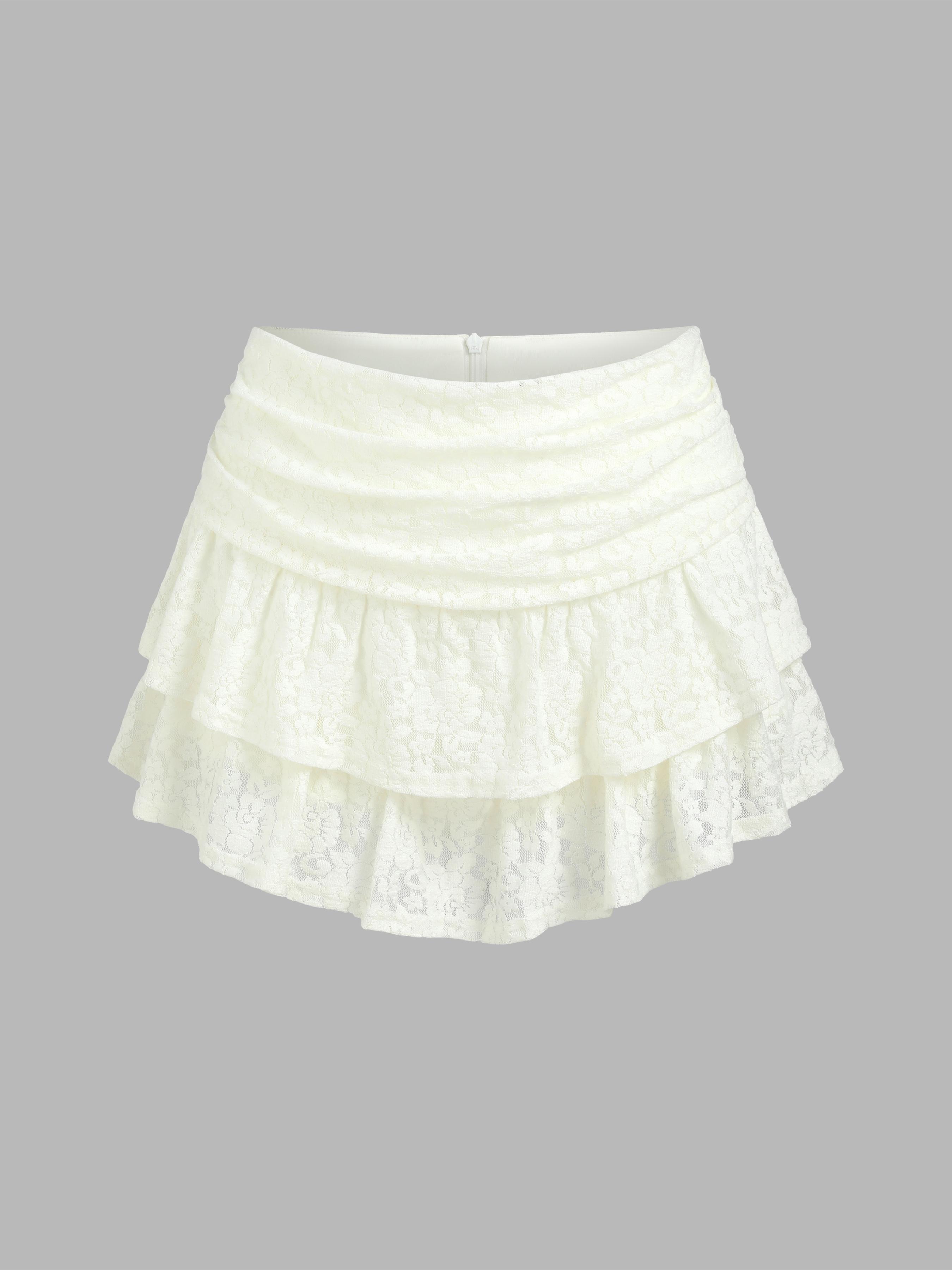 Ruched Floral Lace Knit Layered Mini Skort Product Image