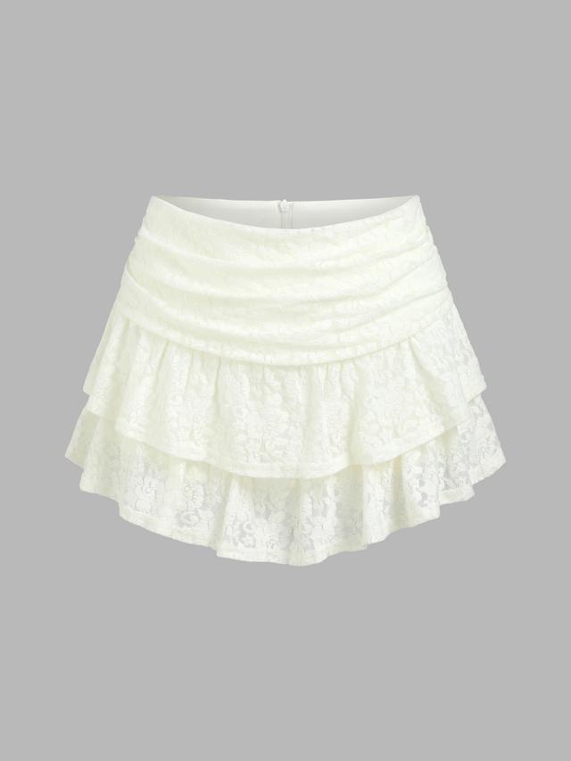 Ruched Floral Lace Knit Layered Mini Skort Product Image