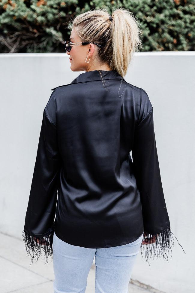 Can We Be Friends Black Feather Trim Sleeve Satin Blouse FINAL SALE Product Image