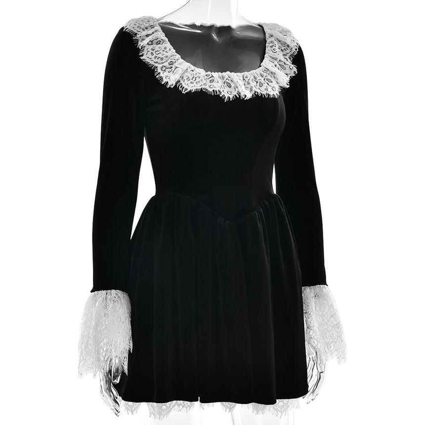 Long-Sleeve Square Neck Lace Panel Mini Dress Product Image