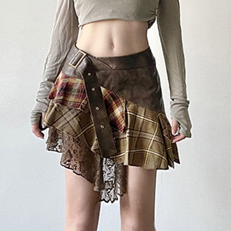 Low Rise Plaid Panel Asymmetrical Mini Skirt Product Image