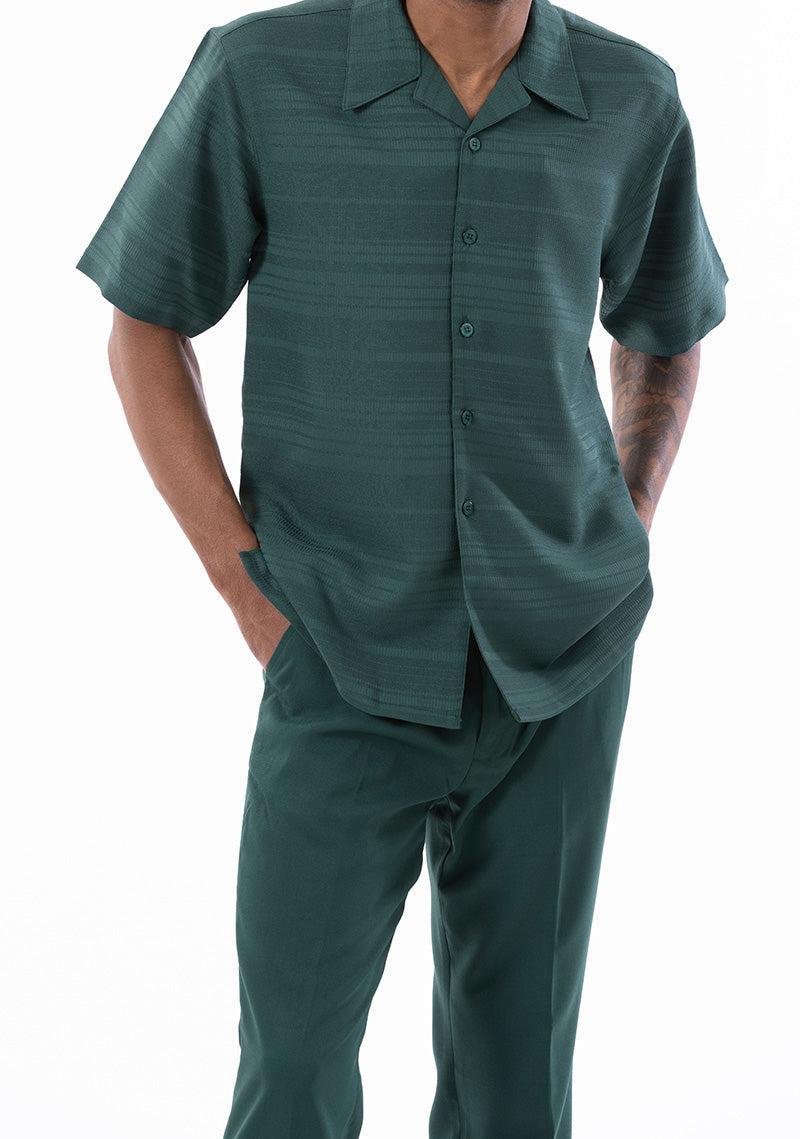 Emerald Green Tone on Tone Horizontal Stripes Walking Suit 2 Piece Short Sleeve Set Product Image