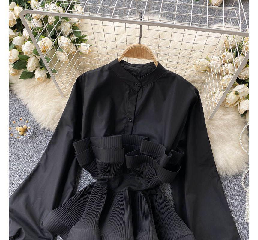 Long-Sleeve Plain Ruffle Trim Peplum Blouse Product Image