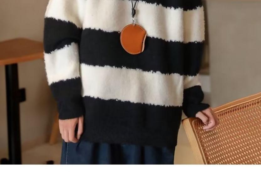 Crew Neck Drop Shoulder Striped Oversized Sweater Product Image