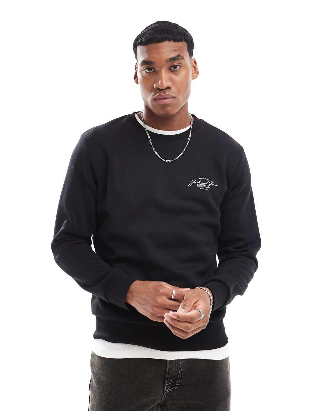 Jack & Jones script logo crew neck sweatshirt in black  Product Image