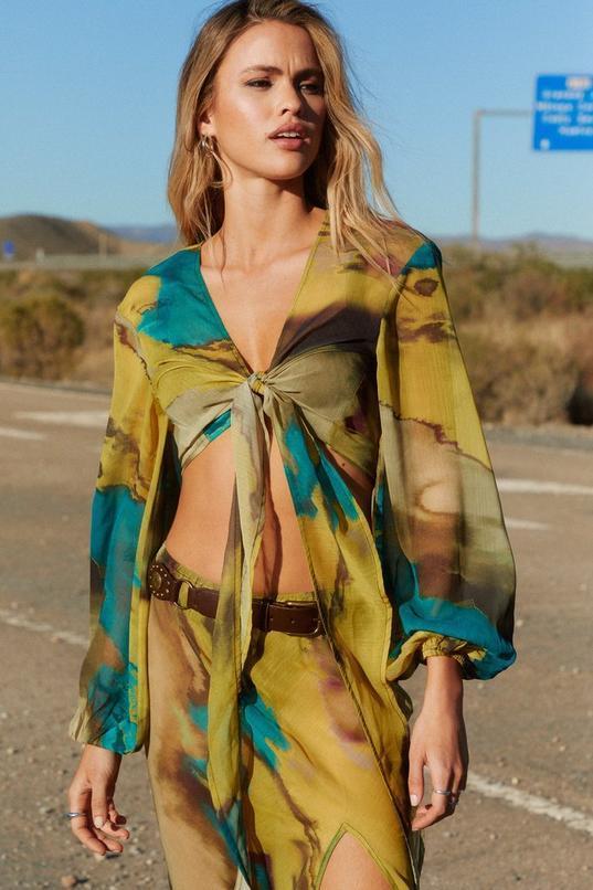 Tie Dye Sheer Tie Front Balloon Sleeve Beach Top Product Image