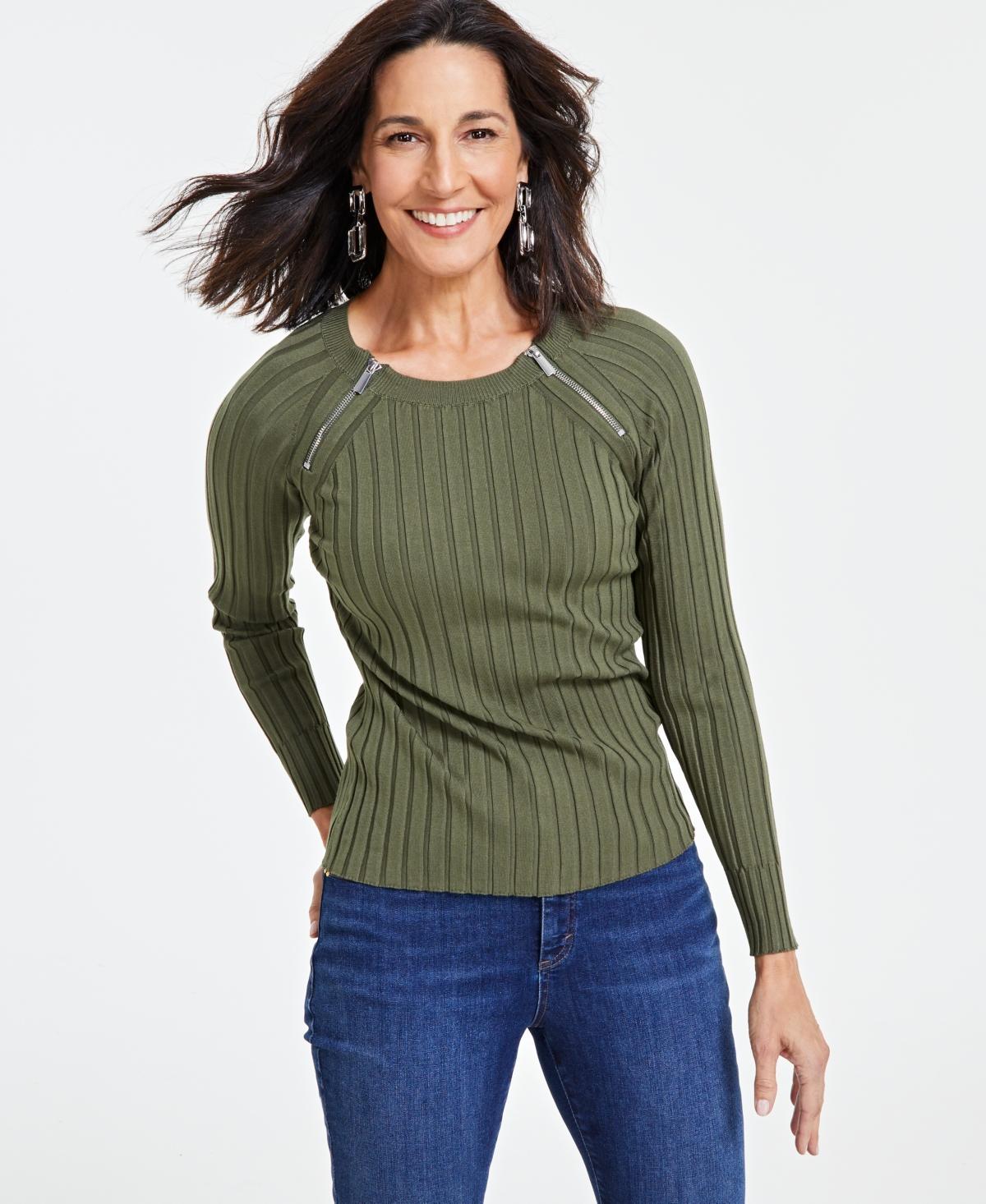 I.n.c. International Concepts Womens Zipper Detail Ribbed Long Sleeve Sweater, Created for Macys Product Image