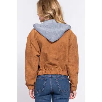 Camel Long Sleeve Inside Hoodie Corduroy Jacket Female Product Image