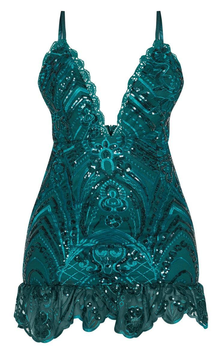 Emerald Green Sequin Lace Frill Hem Bodycon Dress Product Image