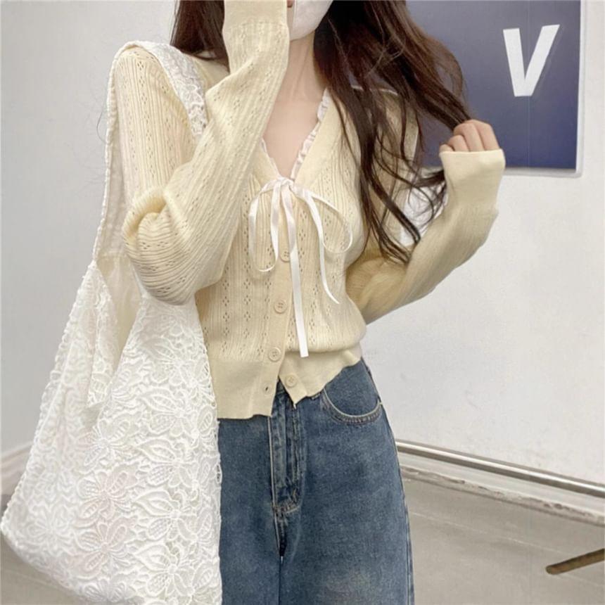 Long Sleeve V-Neck Ruffled-Trim Bow Accent Pointelle Cardigan Product Image