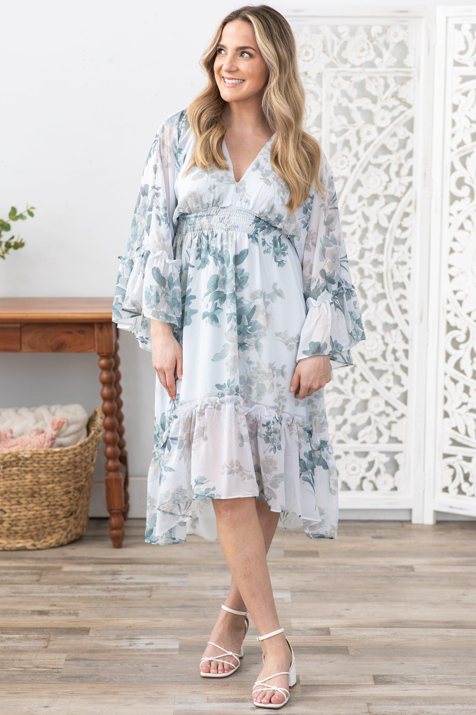 Dusty Teal Floral Print Long Sleeve Midi Dress product image