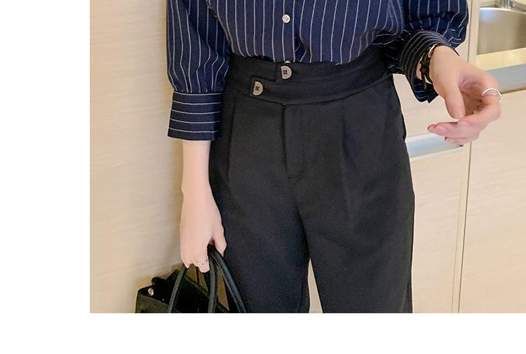 Long-Sleeve Collar Pinstriped Blouse Product Image