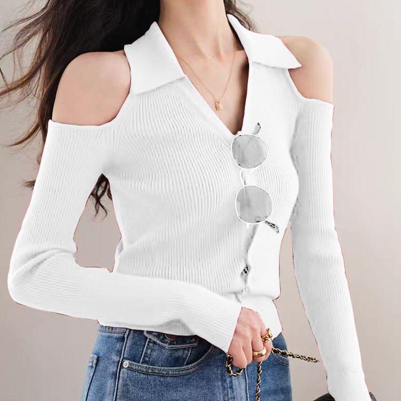 Cold-Shoulder Long Sleeve Plain Ribbed Collared Button-Up Knit Top Product Image