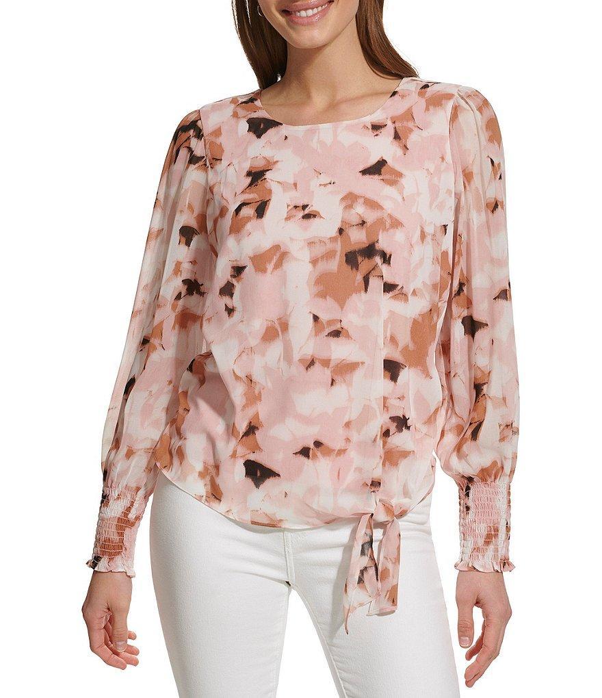 Calvin Klein Chiffon Crew Neck Long Sleeve Knot Hem Blouse Product Image