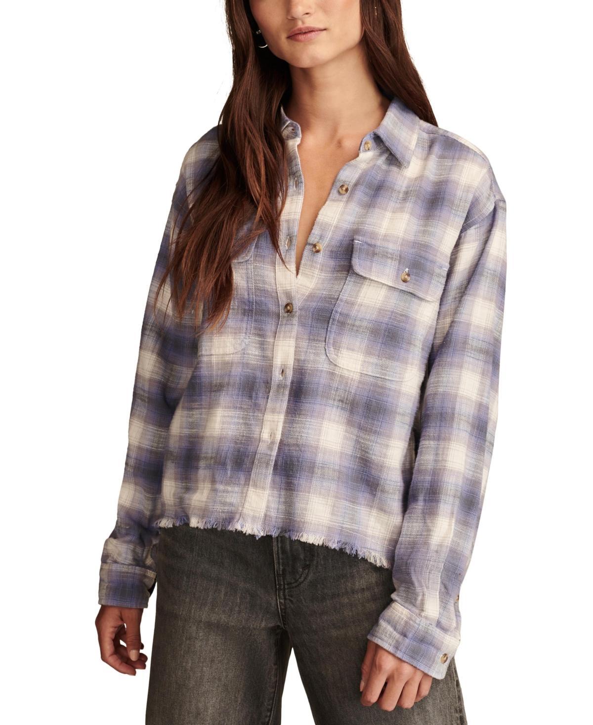 Lucky Brand Womens Cotton Raw Edge Plaid Cropped Button Down Top Product Image