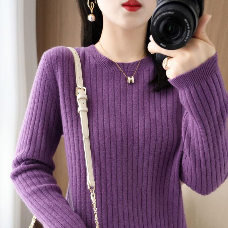 Long-Sleeve Crewneck Plain Knit Top Product Image