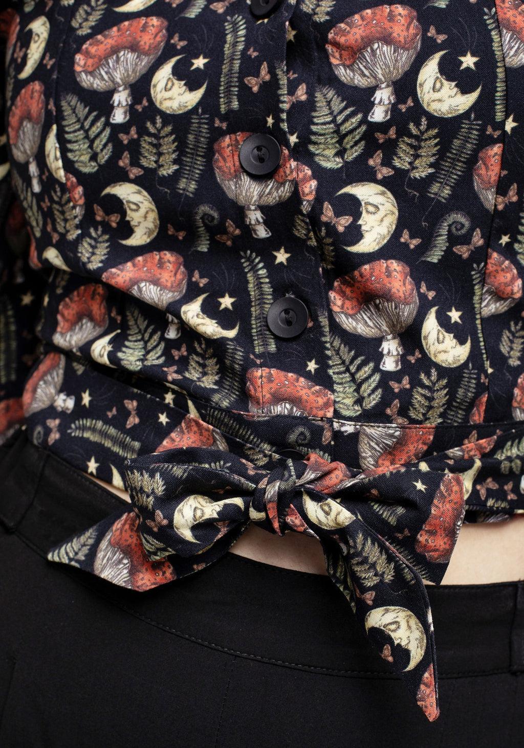 Dreamfast Mushroom Moon Print Button Up Tie Crop Top Product Image