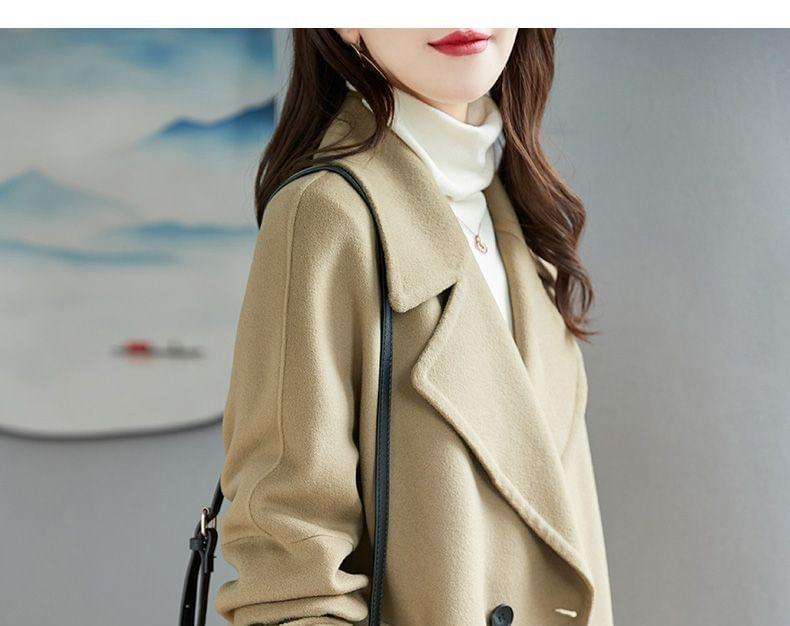 Lapel Collar Plain Double-Breasted Long Coat Product Image